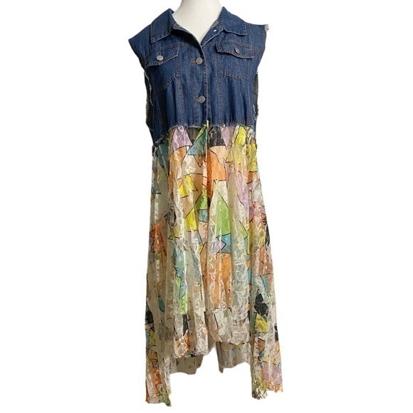 Back In The Saddle Dresses & Skirts - Back in the Saddle Navy Blue Denim & Colorful Geometric Print Lace Dress